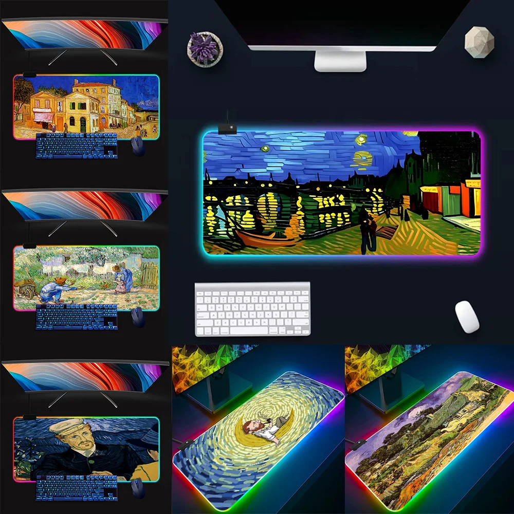 

Cartoon Van Gogh RGB Pc Gamer Keyboard Mouse Pad Mousepad LED Glowing Mouse Mats Rubber Gaming Computer Mausepad