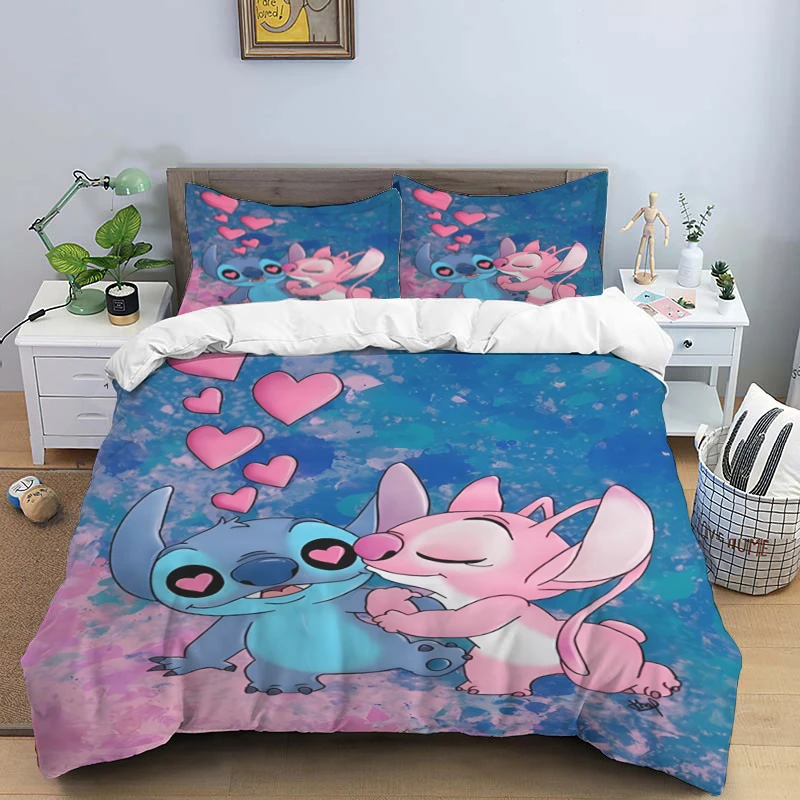 Disney Cartoon Cute Stitch drukuj trzyczęściowy zestaw pościeli z poszewką na poduszkę dla dzieci lub dorosłych King Queen Full Twin Size