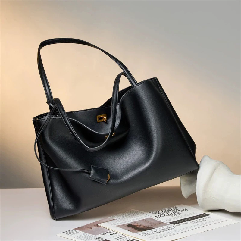 

Smooth Calfskin Underarm Shoulder Bag,Large Capacity Cowhide Women Tote Bag,Black Commuting High-End Genuine Leather Handbag