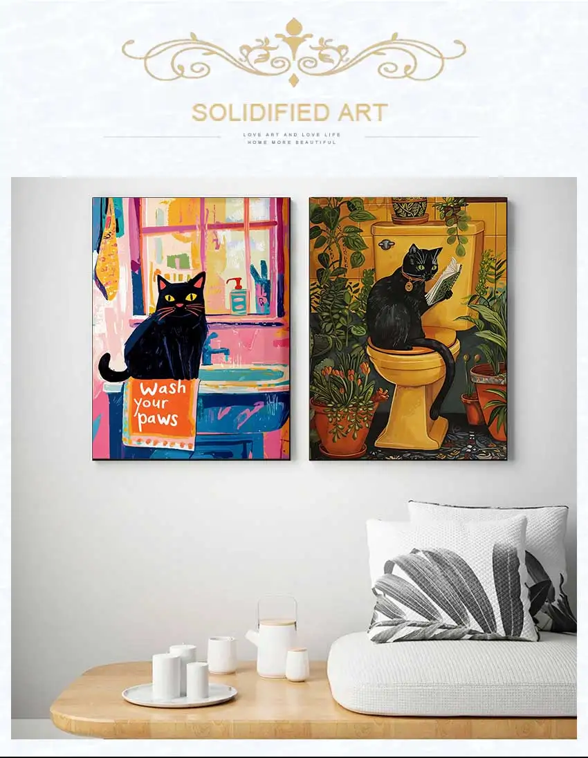 Funny Black Cat Bathroom Art Poster Quirky Toilet Poster Funny Quotes Wash Your Paws Prints Funny Black Cat Bathroom Decor