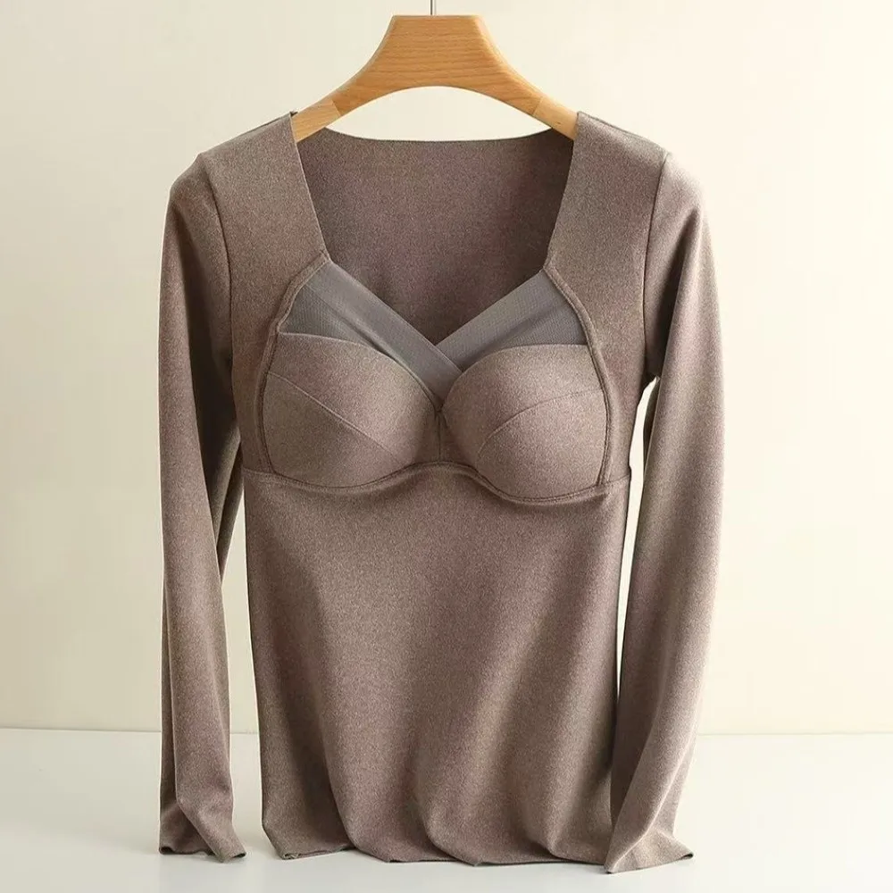 

V Mesh Neck Women Thermal Clothes Solid Color Velvet Fleece Thermal Underwear Invisible Feel Heating Warmth Long Tops Lady