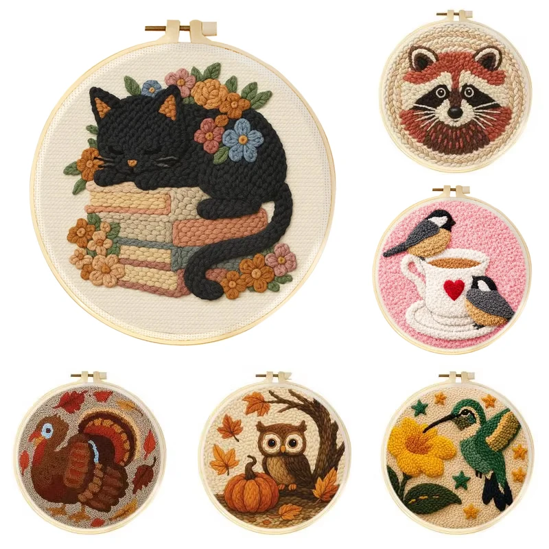 Kit de démarrage amusant pour la broderie Punch Needle, motif animal, ensemble de tufting magique avec cadre