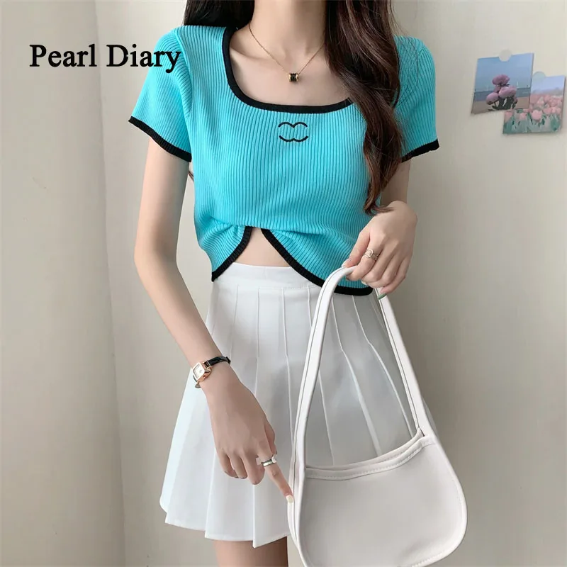 

Pearl Diary Summer Embroidery Knitting Crop Top Screw Thread Prevail Short Sleeves T-Shirt Y2K Fashion All-Match Top Women