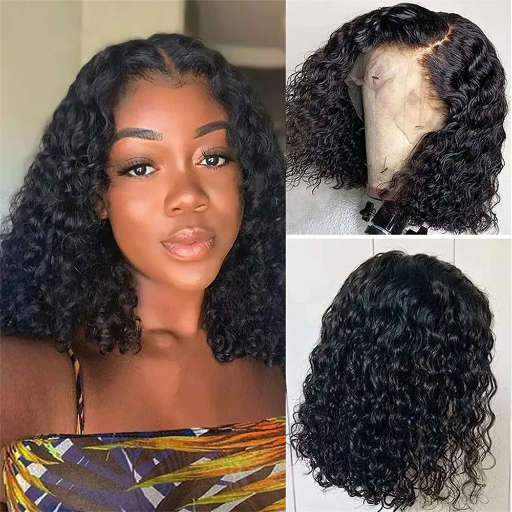 Kurze, lockige Bob-Perücke mit transparenter 13x4-Spitzenfront aus Echthaar, 180% Dichte, vorgezupft, für Frauen, mit Babyhaaren, natürliche Farbe