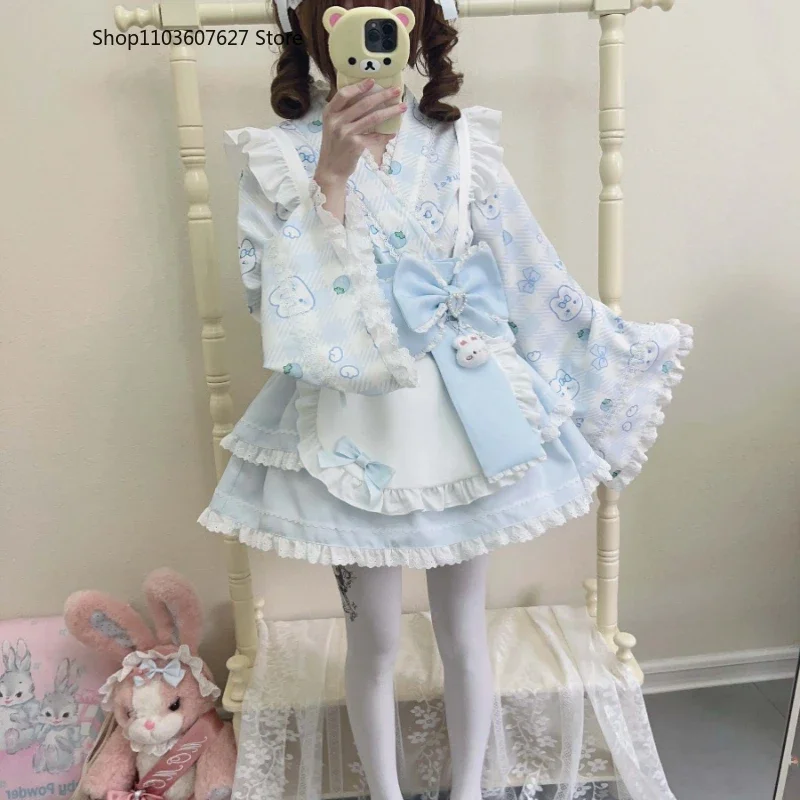 Pink Kawaii Lolita Style Dress Women Japanese Sweet Cute Bunny Strawberry Print Bow Princess Party Dresses Lolita Maid Dress Set