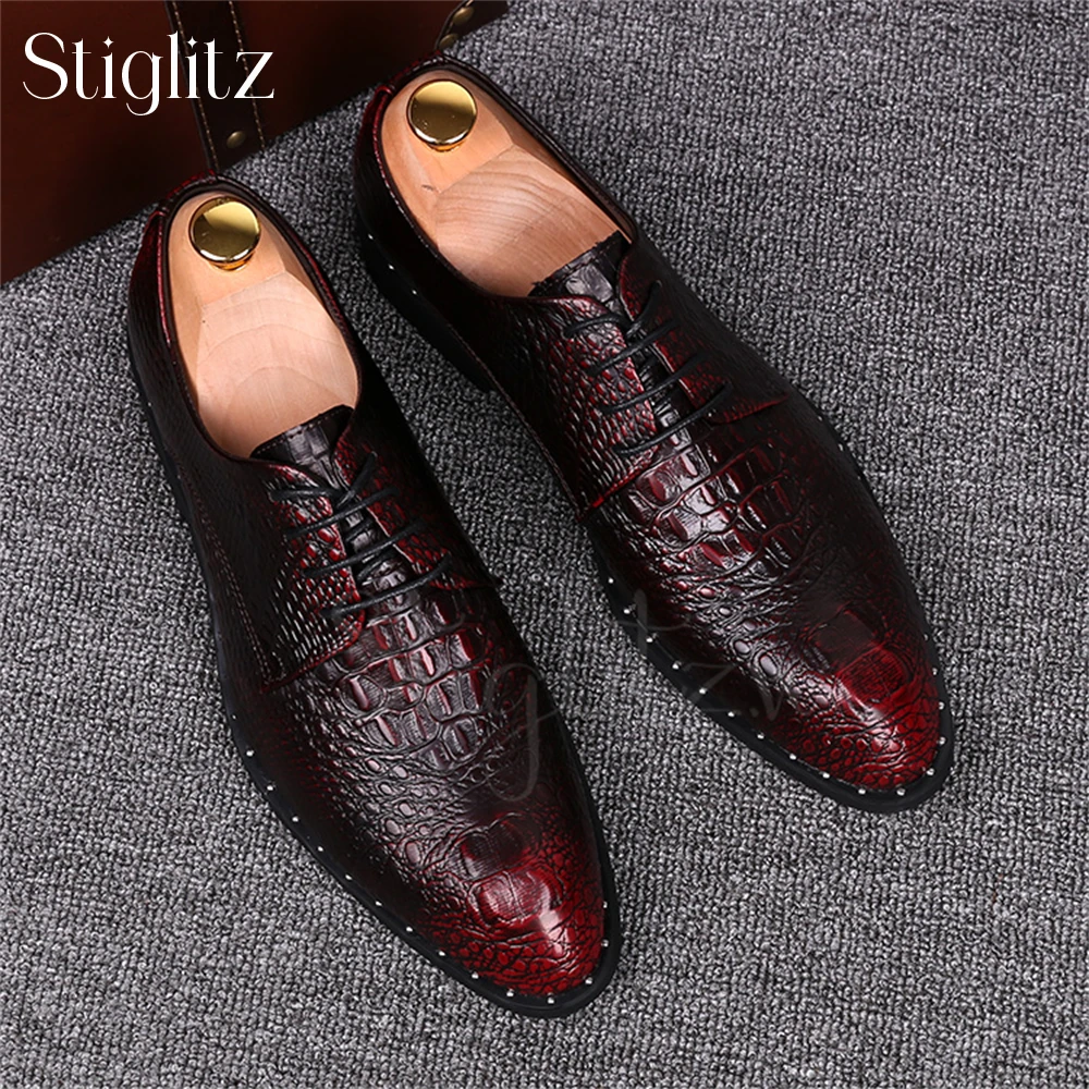 Faux Crocodile Leather Oxford Shoes Red Black Handmade Oxford Shoes Designer Style Elegant Men's Lace up Dress Shoes for Wedding