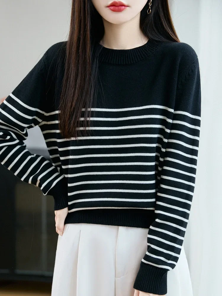 

Women's Cotton Striped Base Shirt Top for Autumn Winter New Arrival Classic Loose Fit Long Sleeve round Neck Knitwear