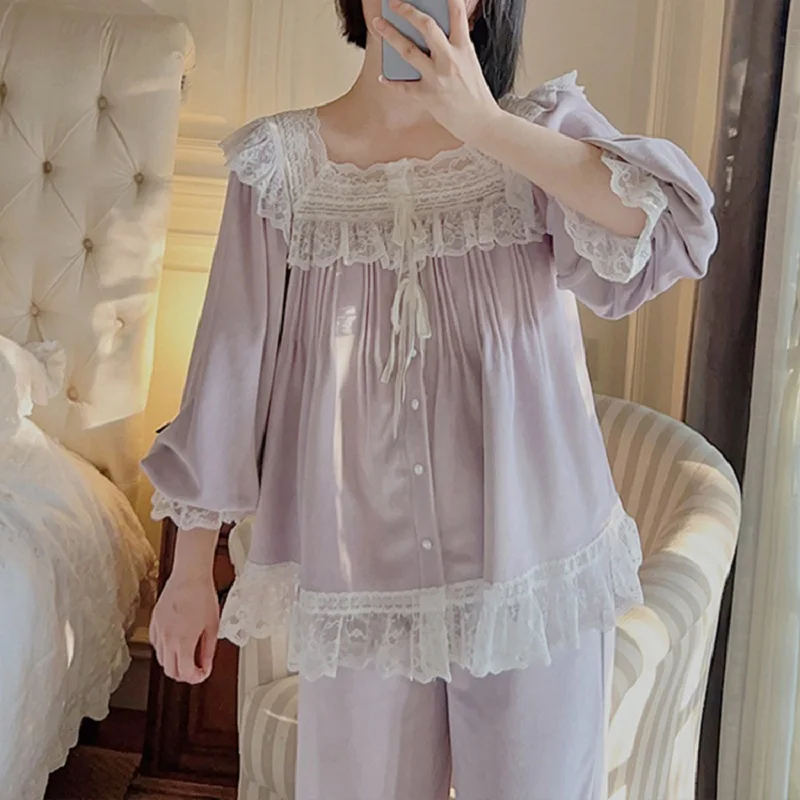 Sweet Lace Velvet Women's Pajamas Sets  Vintage Embroidery Long Sleeve Sleepwear Suits Winter Autumn Pyjamas