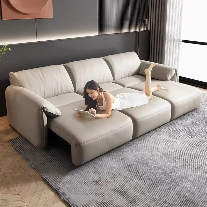 xj-Sofa Leather Electric Sofa Small Apartment Living Room Italian Minimalist Remote Control Electric Retractable*
