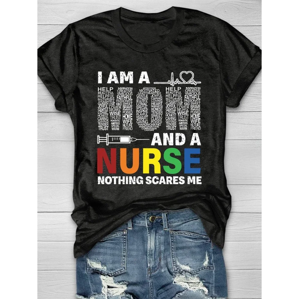 

Rheaclots Women's I'm A Mom And A Nurse Nothing Scares Me Print O-Neck Short Sleeve T-Shirt