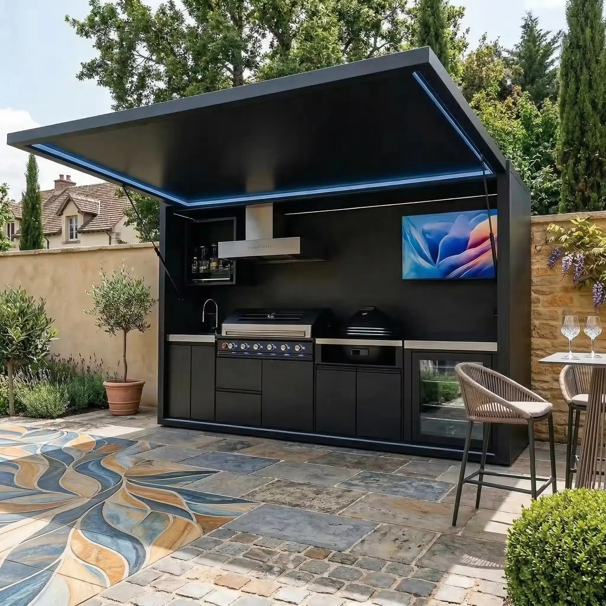 Luxury Custom Full Set Outdoor Kitchen Island with Gas BBQ Grill and Granite Countertop