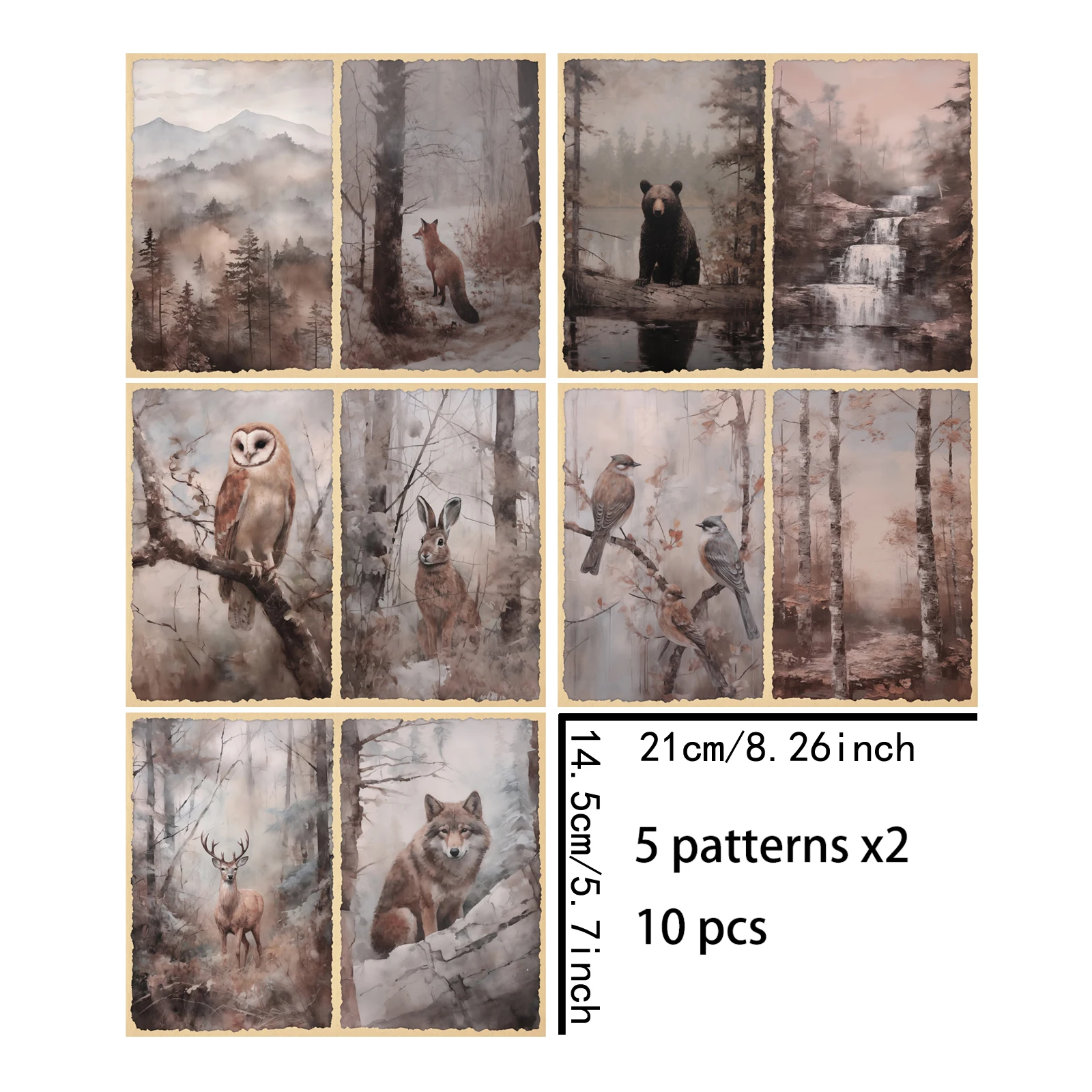 10 Sheets A5 Size Forest Rabbit Brown Bear Background Vintage Grunge Journal Planning Scrapbooking