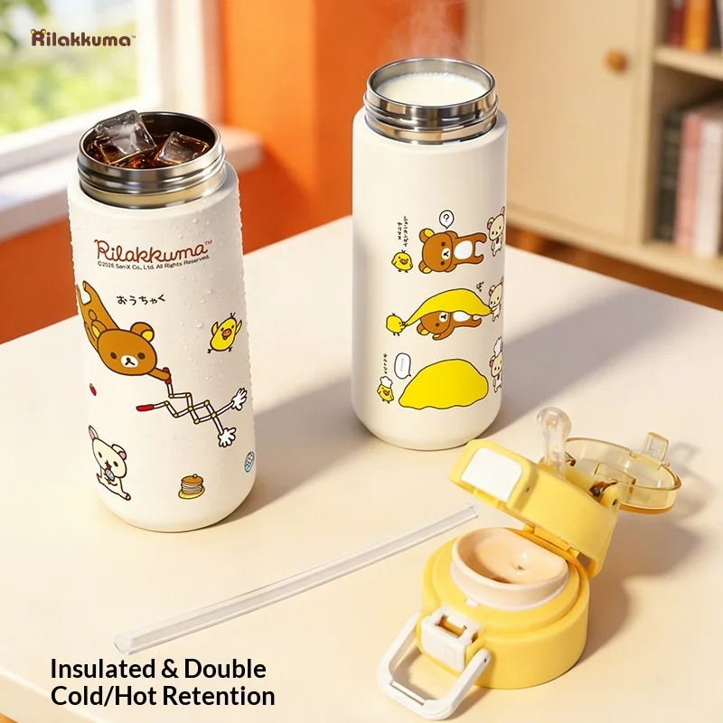 Mtutu Rilakkuma Insulated Water Bottle 316 Stainless Steel 480ml Dual Drink Straw Cup Portable Handle Leakproof Travel Mug