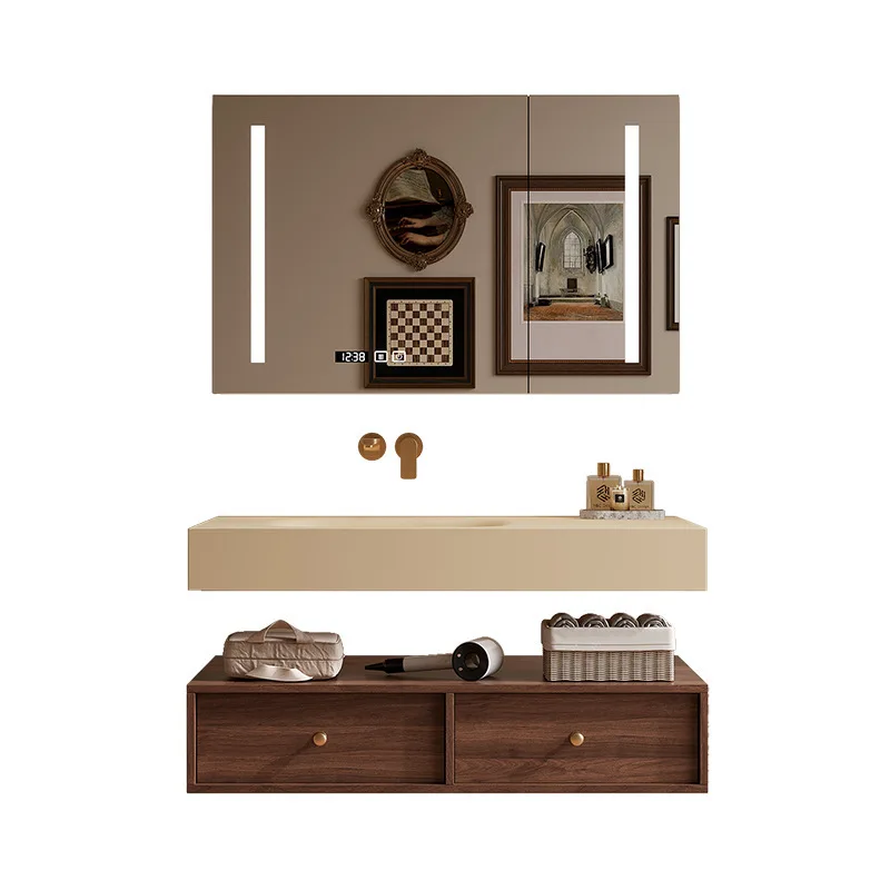 

Solid wood rock slab integrated basin bathroom cabinet combination
