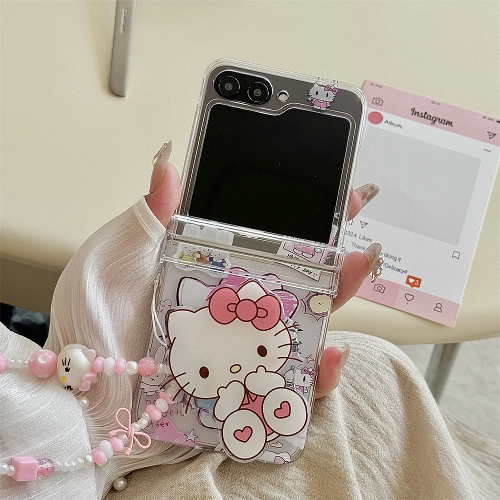 Hello Kitty Phone Case For Samsung Galaxy Z Flip 7 FE 6 5 4 3 5G Hinge Clear Shockproof Plastic Hard Back Cover