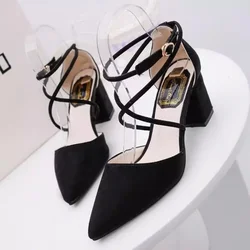 Summer 2024 Pumps for Office Work Sandały damskie Chunky Footwear High Heels Black Pointed Toe Ladies Shoes Block Heel