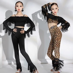 Black Leopard Latin Dance Competition Clothes For Girls Latin Fringed Sleeves Top Pants Kids Chacha Ballroom Dance Costume 9997