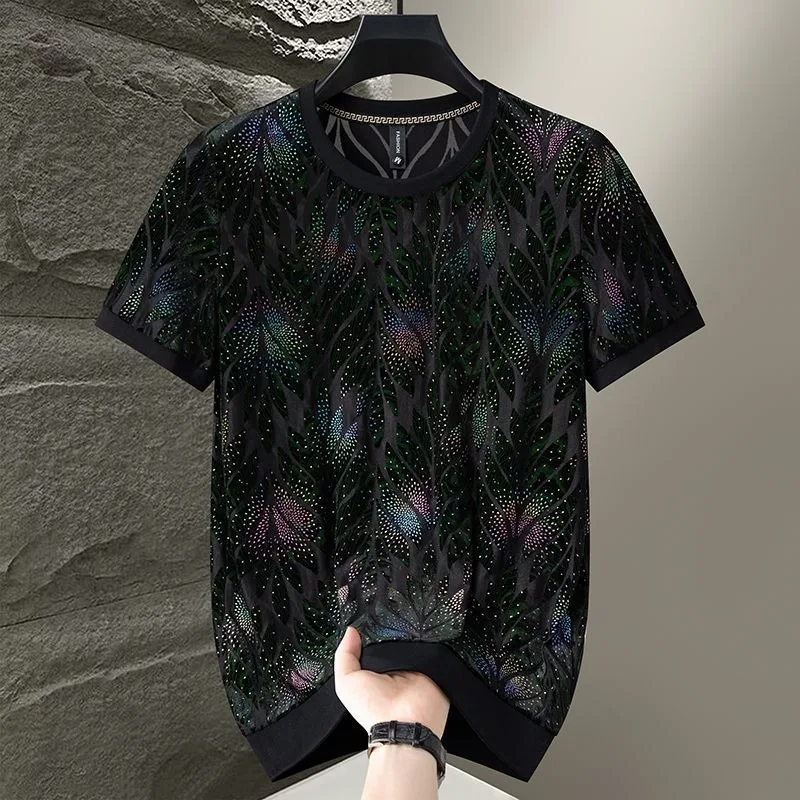 Men's Round Neck Short Sleeve T Shirt Leaf Jacquard Rhinestone Slim Fit Breathable Casual Summer Top