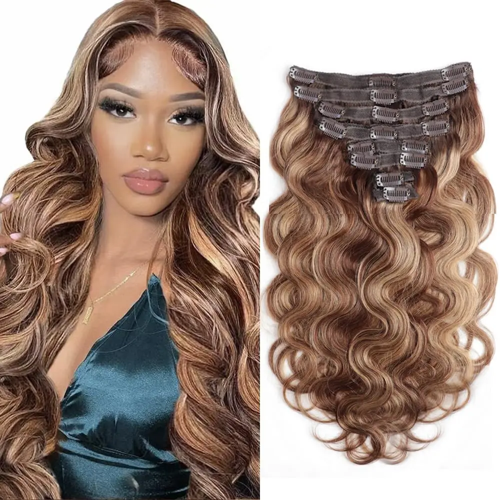 Body Wave Hair Clip In Hair Extensions Human Hair P4/27 Highlight 100% Unprocessed Brazilian Remy Virgin Human Hair For Women