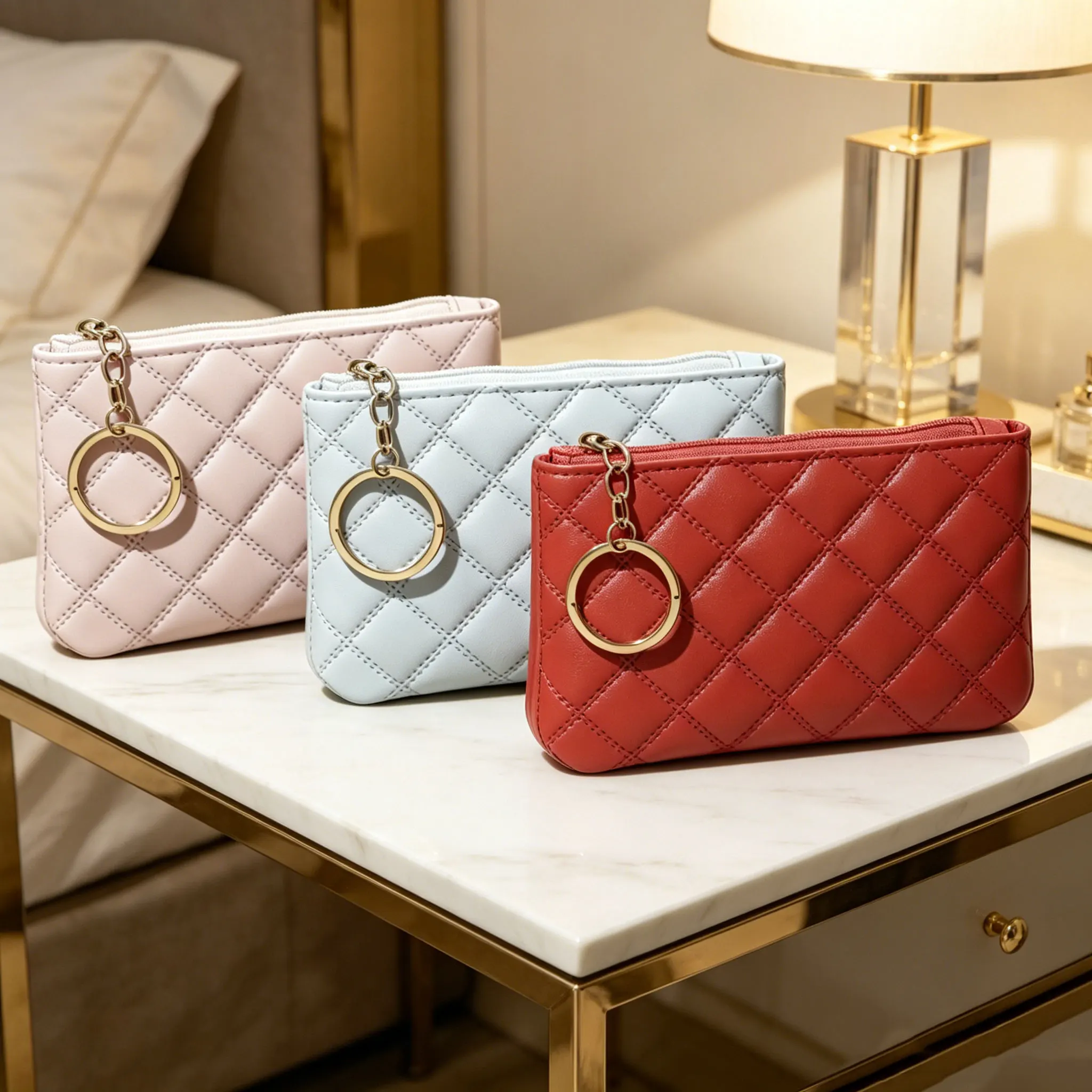 Quilted Mini Coin Purse  Women PU Zipper Wallet Key Ring Card Holder Pouch Portable Short Wallet for Ladies Daily Use