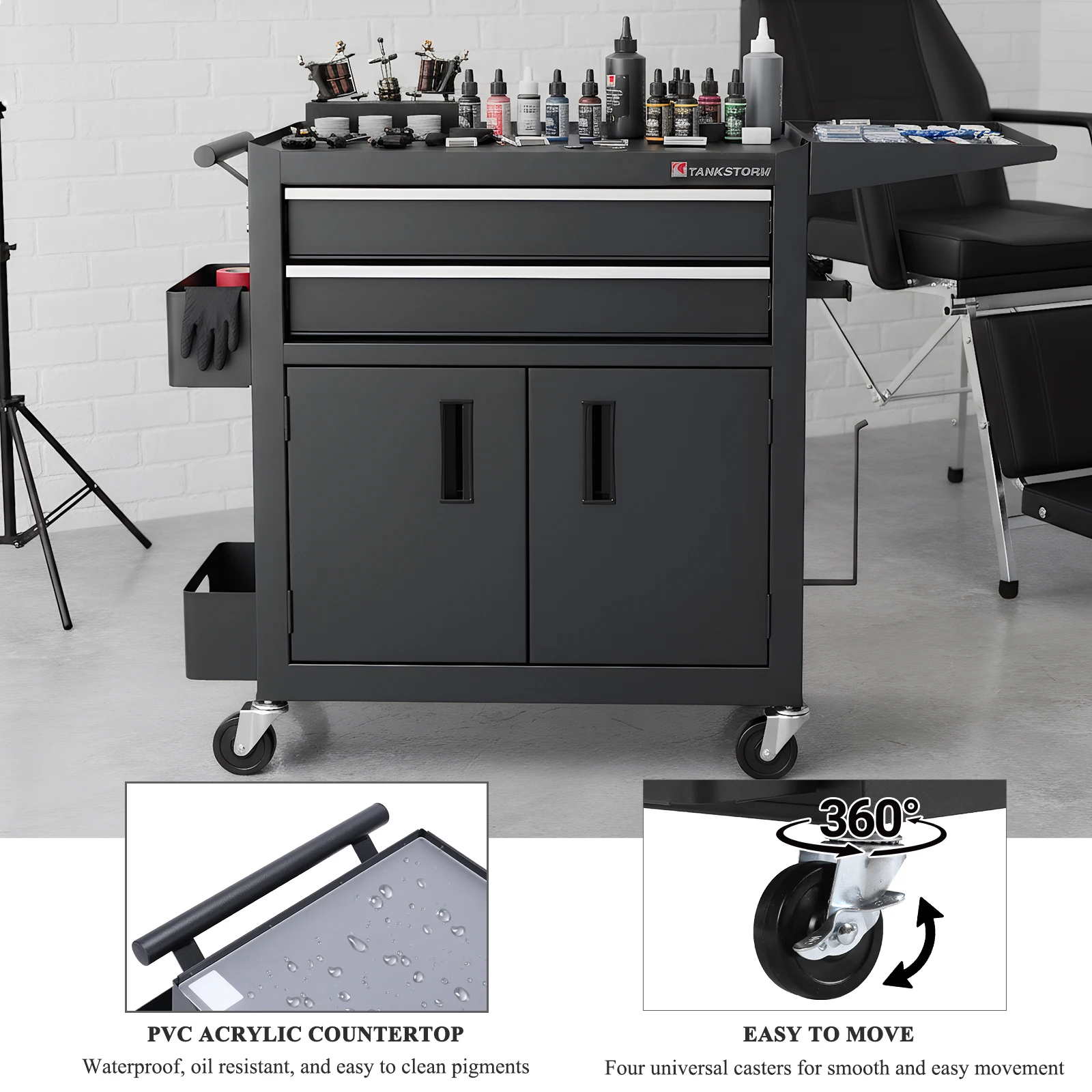 Black Steel Cabinet Trolley with Drawers Professional Rolling Tattoo Cart Anti-Scratch Hairdressing Beauty Versatile Equipment