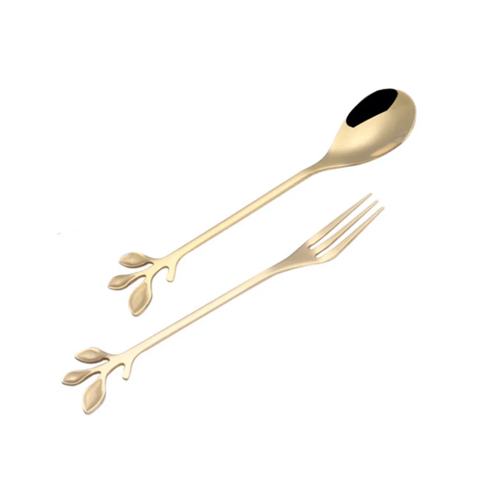 

2pcs Leaf Shape Stainless Steel Ice Cream Coffee Stirring Dessert Spoons Salad Forks Mirror Finish Easy Clean Non Slip Handle