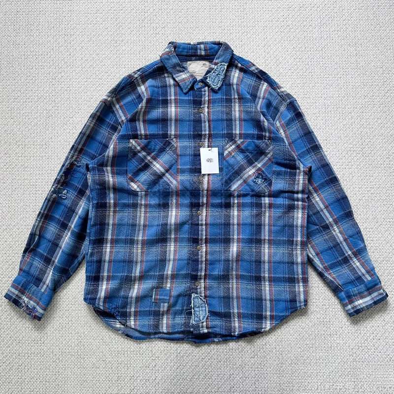 Japan Style MADNESS Long-sleeved All-match Shirt Casual Retro Splice Hole Blue Checked Neutral Blouse MDNS Shirts