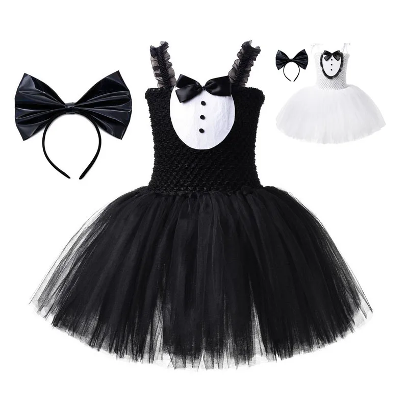 Halloween Animal Cat Girls Tutu Dress With Bow Headband Kids Cosplay Costumes Dresses Performance Birthday Jungle Party Clothes