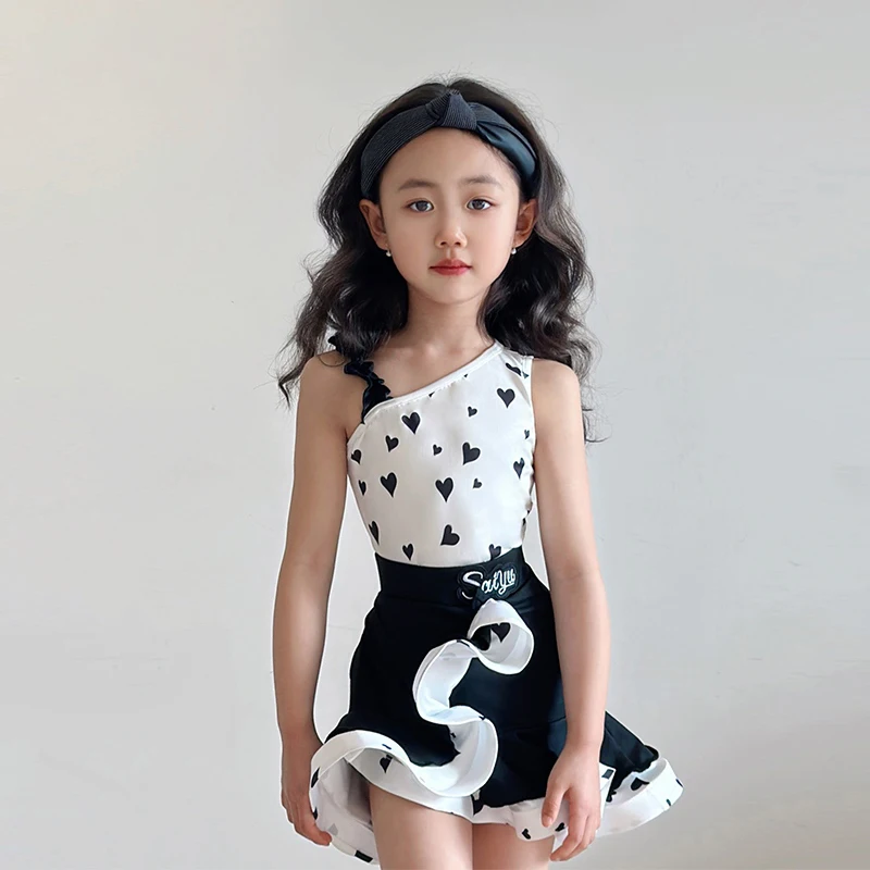 Costume da ballo latino per bambini Abiti da allenamento per spettacoli di danza Ragazze che ballano set di gonne a lisca di pesce stampate con spalla inclinata XH2974