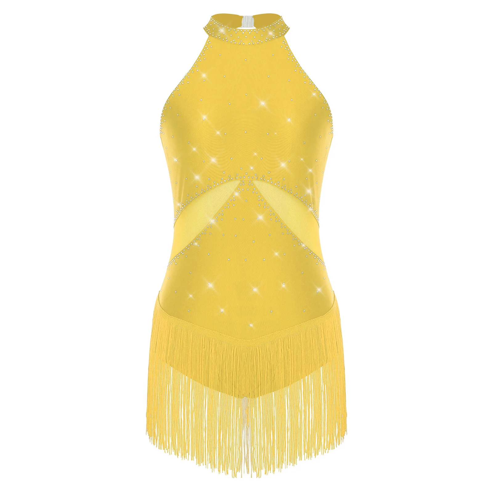 

Women Tassel Latin Samba Chacha Dance Leotard Dress Sparkly Rhinestones Mesh Patchwork Bodysuit Dance Dress Jazz Salsa Dancewear