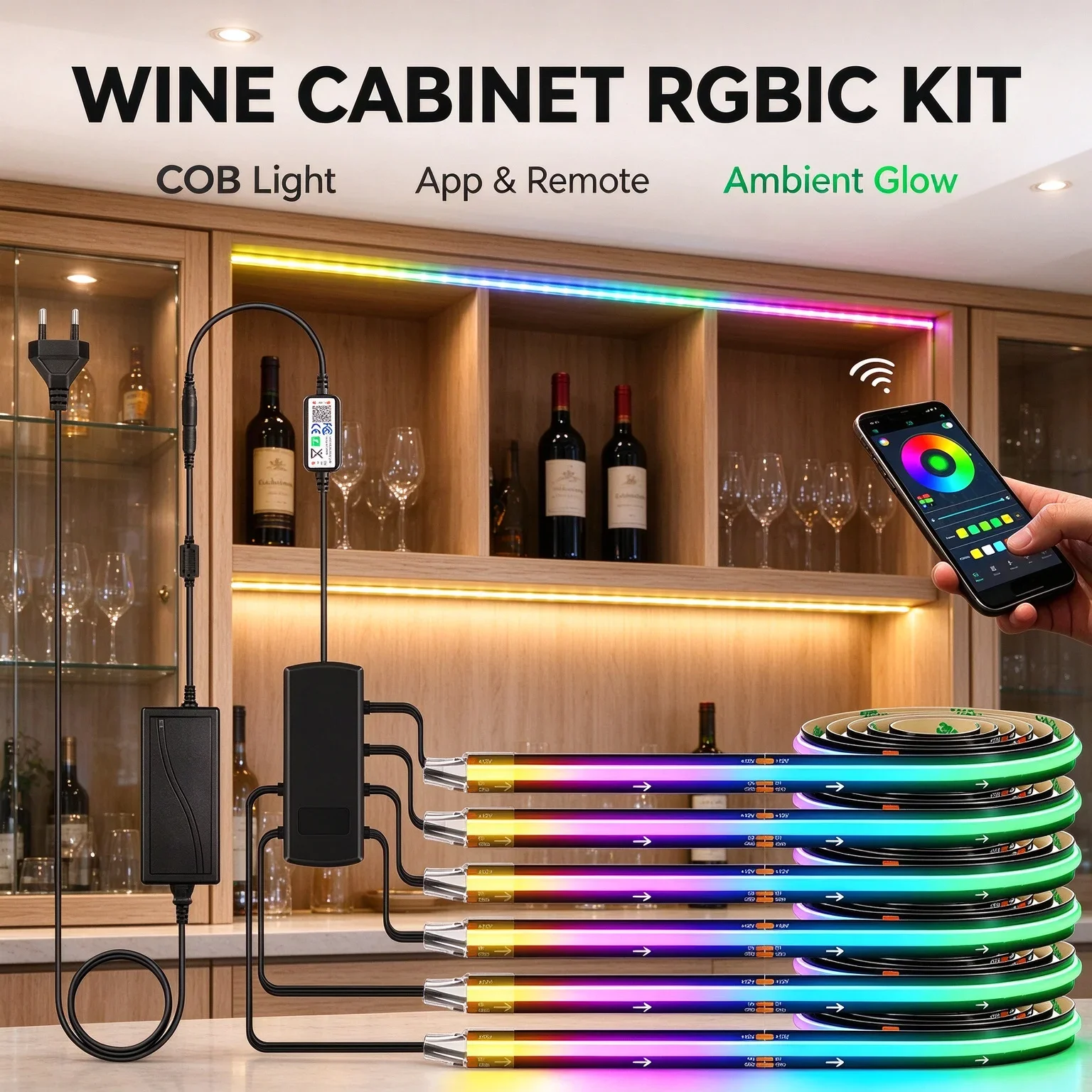 4/6PCS EU/US/UK Smart RGB‑IC COB LED Strip Lights Kit Controlled by Phone APP & RF Remote, Schedule Timer Function, Music Rhythm