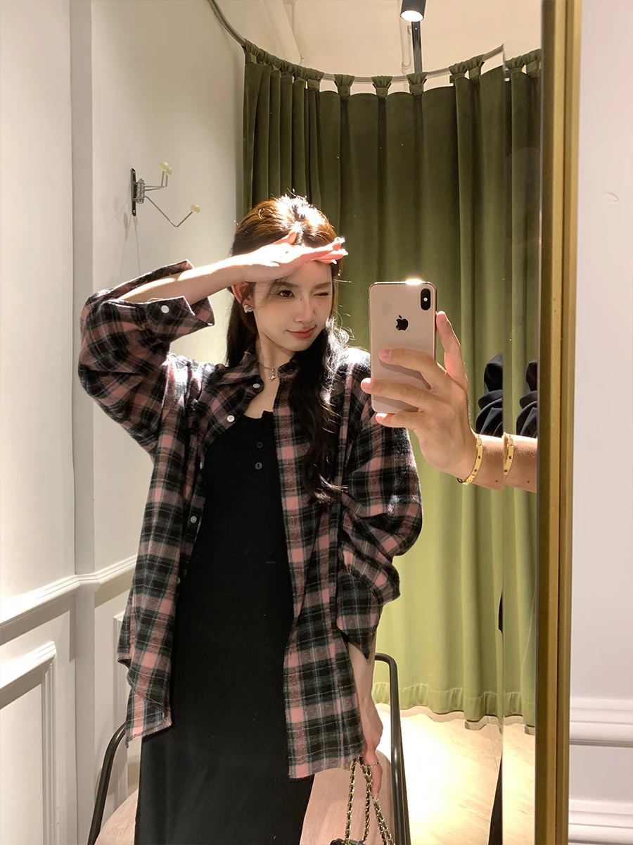 

x Stevens Plaid irt Jaet Women's Loose Fit BM Sle Pink Bla Casual Cotton Long Sve Button up Top