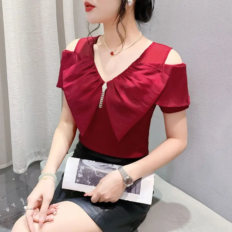 New 2024 Summer Korean Women Sexy V-neck Chic Diamonds T-shirt  Fashion Off Shoulder Short Sleeve Tops Elastic Slim Cotton Tees