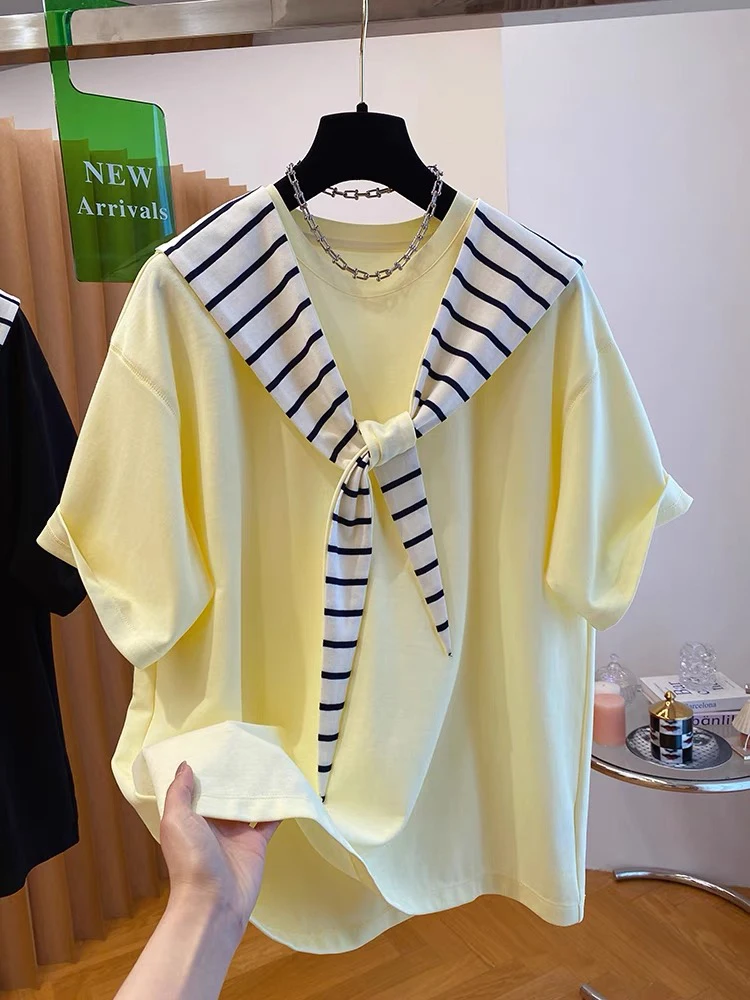 

plus Size 300 Pounds Fat Sister Two-Piece Set Stripe Hooded Shawl Short Sleeve T-Shirt Women Summer New Slimming Top