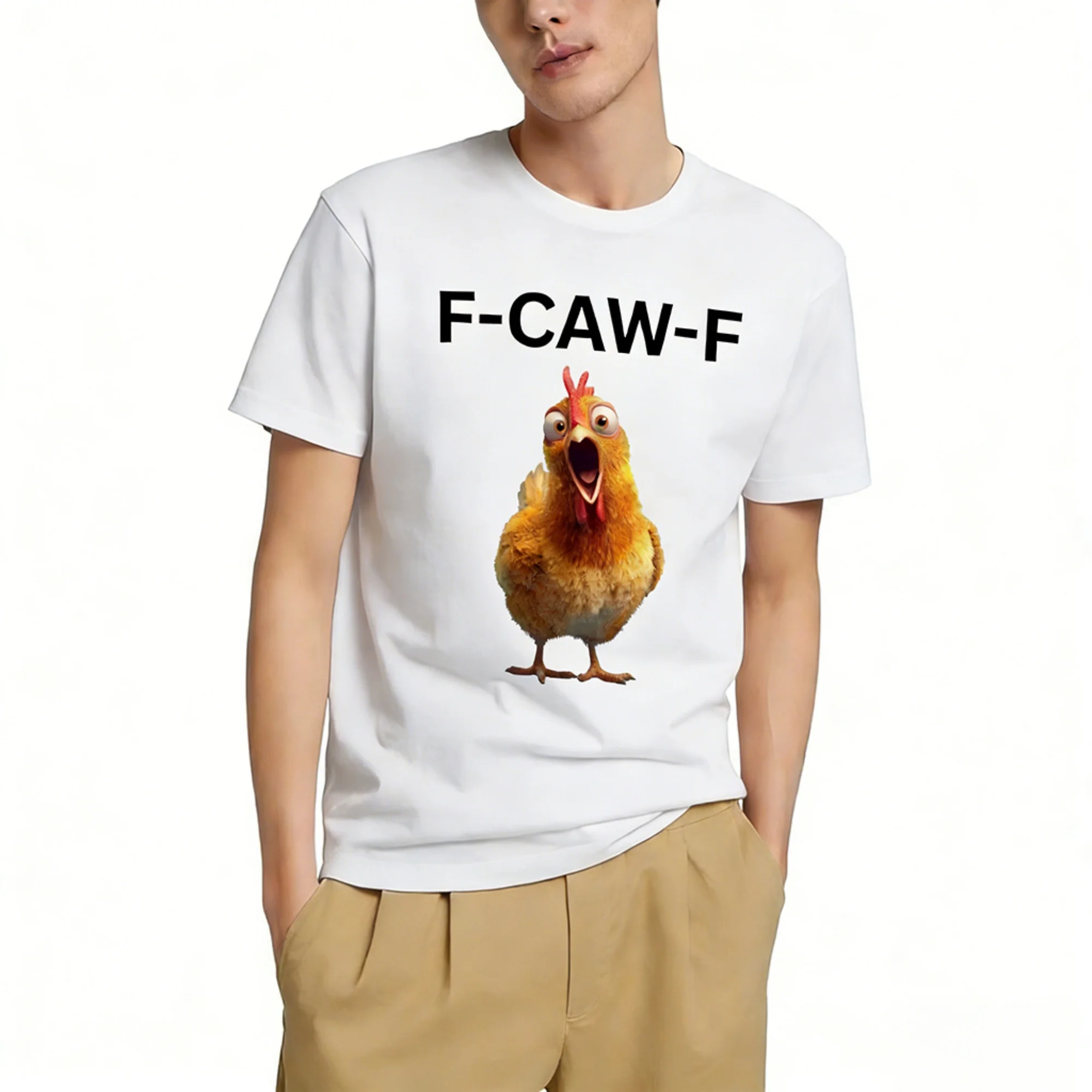 Men Funny Screaming Rooster F-CAW-F Letter Print Crew Neck T-Shirt Humorous Cartoon Animal Casual Short Sleeve Tops