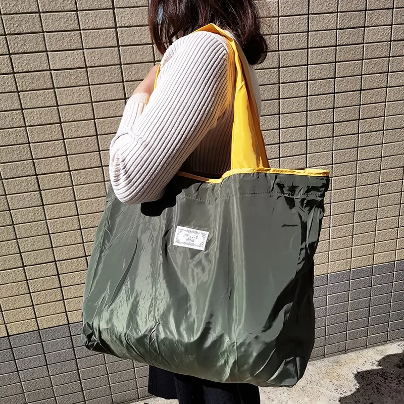 Solid color foldable waterproof shopping bag portable supermarket grocery large capacity drawstring eco-friendly tote