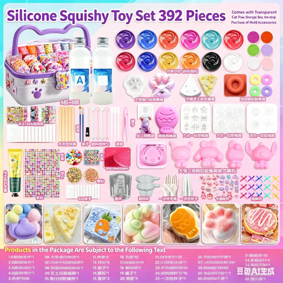 392Pcs DIY Silicone Squishy Kit, Complete AB Glue Mold Set, Handmade Squeeze Toy Making Supplies, Creative Craft Toys for Kids