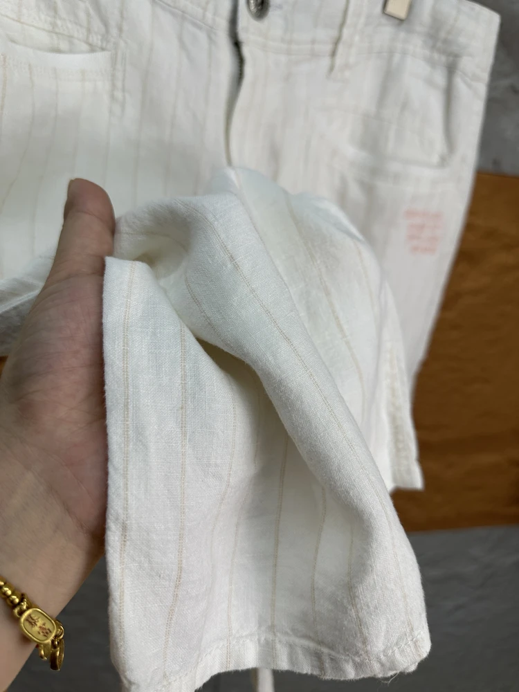 

Льняные лыжи с завышенной талией, мужские повседневные брюки в полоску, дышащая летняя модная рабочая одежда, легкие прямые брюки длиной пять четвертей