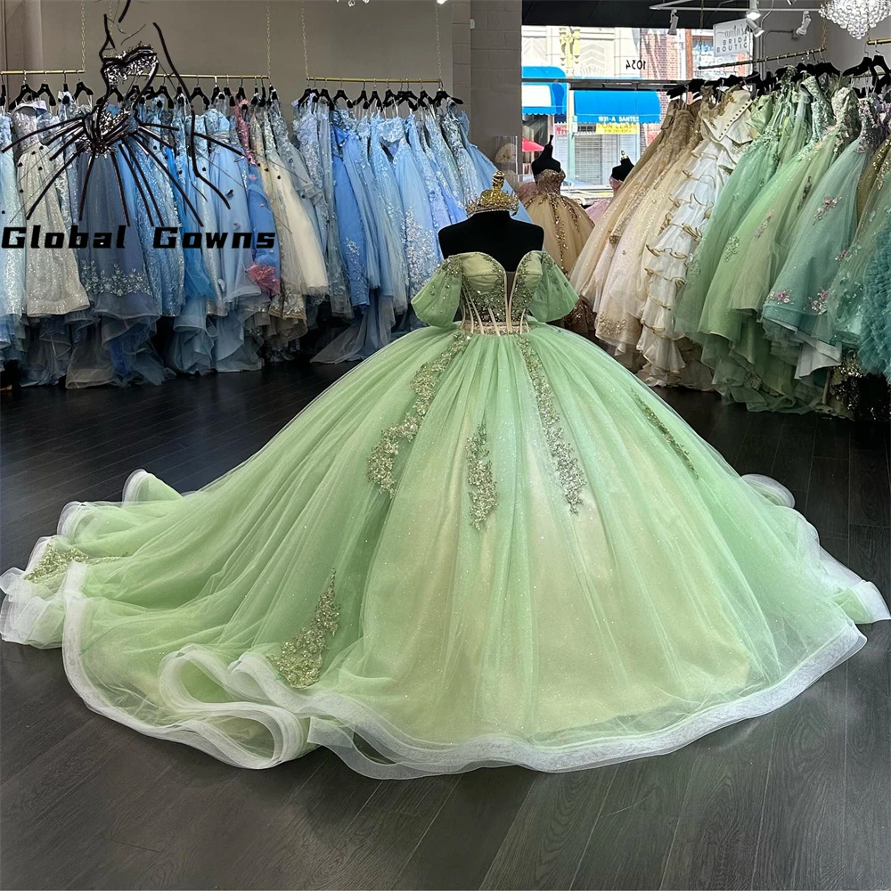 

Mexico Green Off The Shoulder Ball Gown Quinceanera Dress Beaded Appliques Birthday Party Gowns Sweet 16 15 Robe De Bal