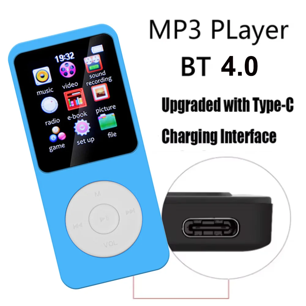 1.8 Inch MP3 Player Type-C Portable Walkmen Bluetooth 5.0 Music Player Support E-Books Recording Sports FM Radio for Kids Sports