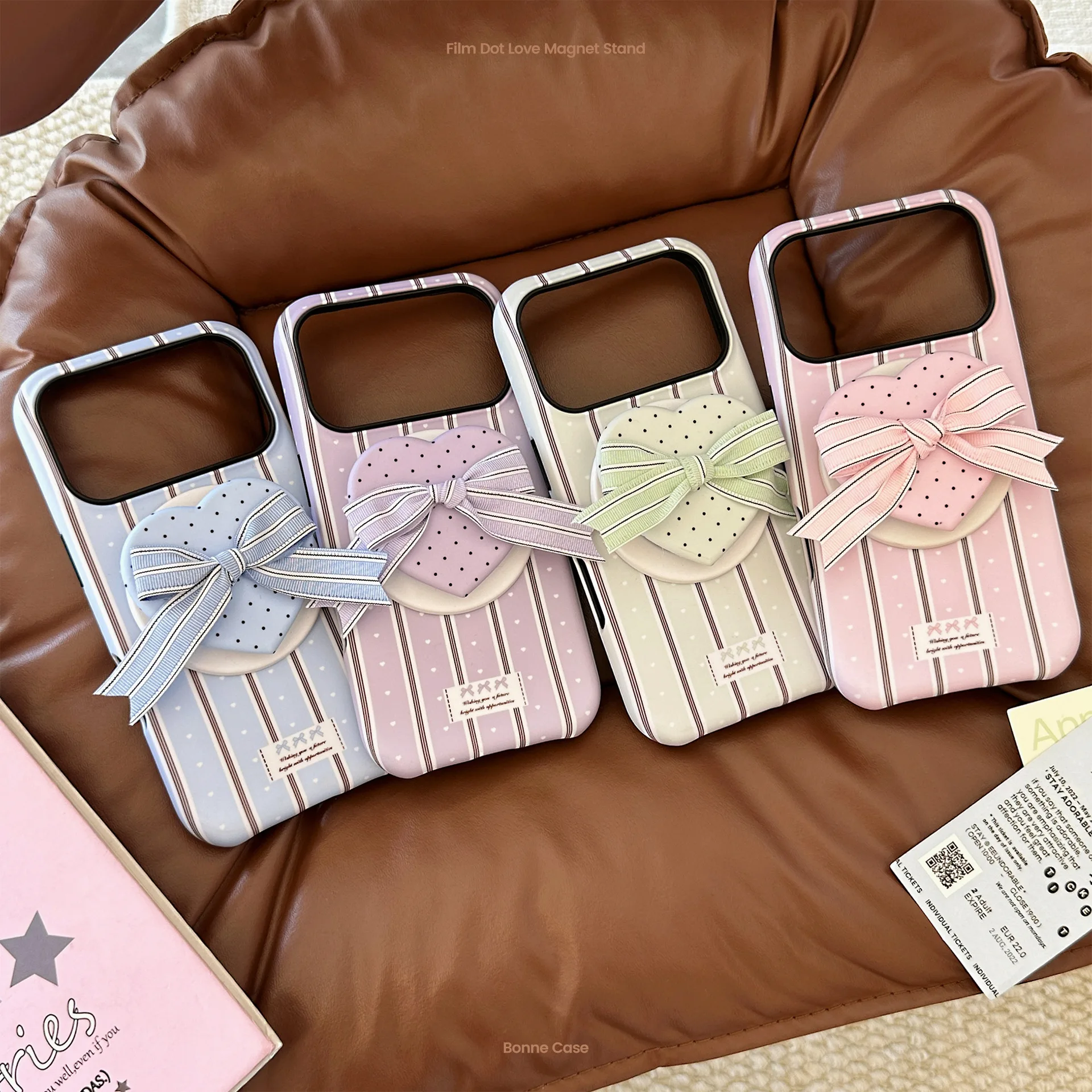 Korean Striped Bowknot Love Heart Magnetic Bracket Phone Cas