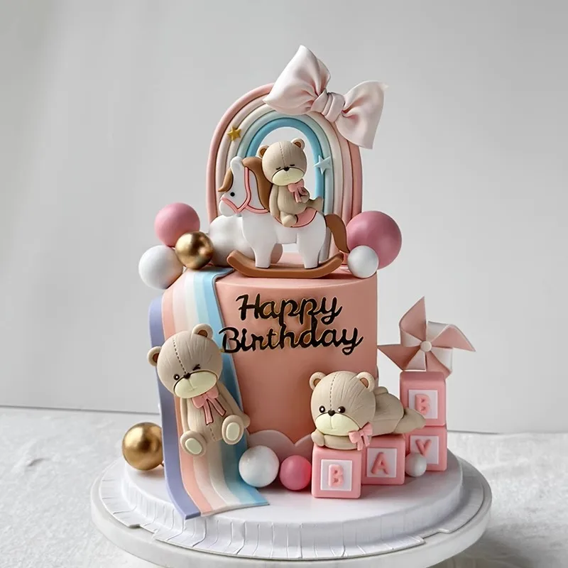 Pink & Blue 3D Bear Cake Topper with Big Rainbow Letter for Baby Shower Bear Decorations Boy Girl Happy Birthday Party Supplies image 6