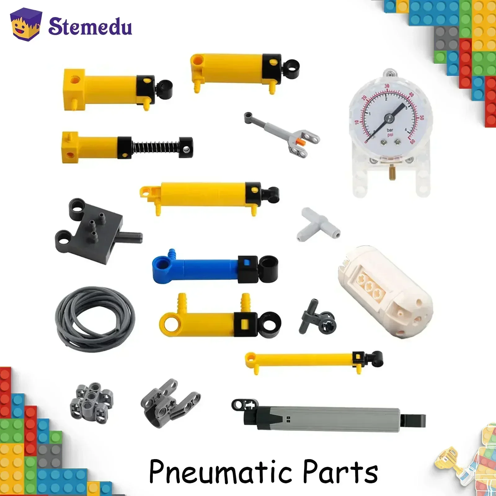 MOC-Bausteine, pneumatisches Teil, Barometer, Pumpenzylinder, Schubstangenschalter, Schlauch, Lufttank, kompatibel mit Leduo 42043, 47225, 61904