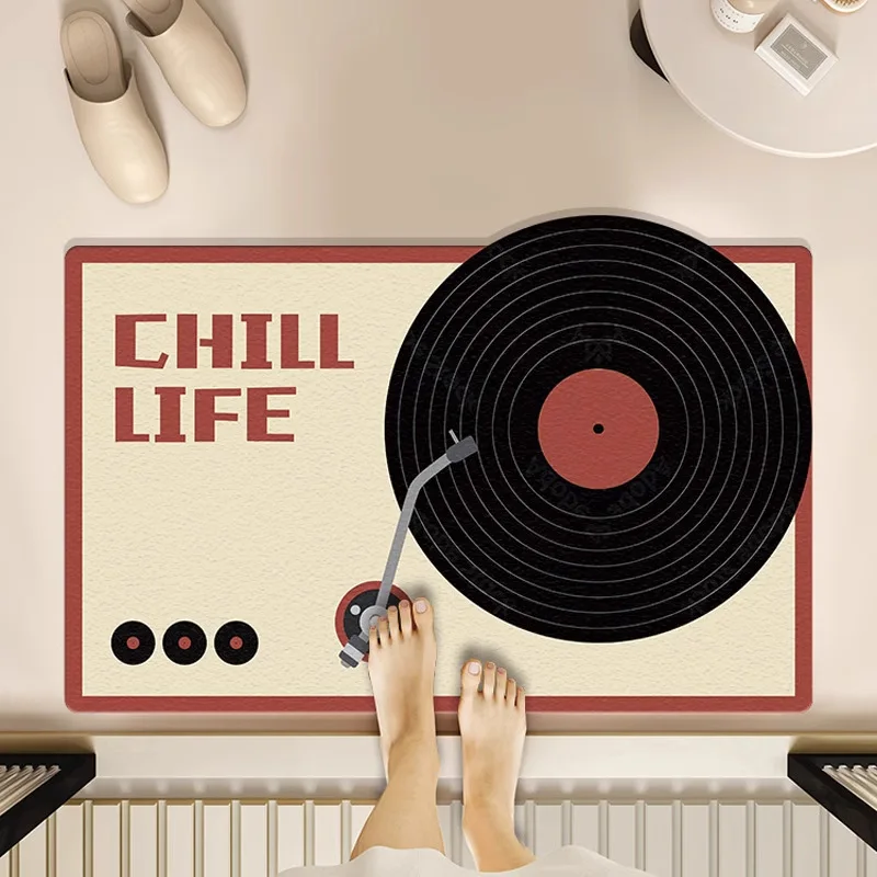 Retro Music Vinyl Record Pattern Diatomaceous Earth Bath Mat Quick Water Absorption Non Slip Bathroom Shower Floor Rug
