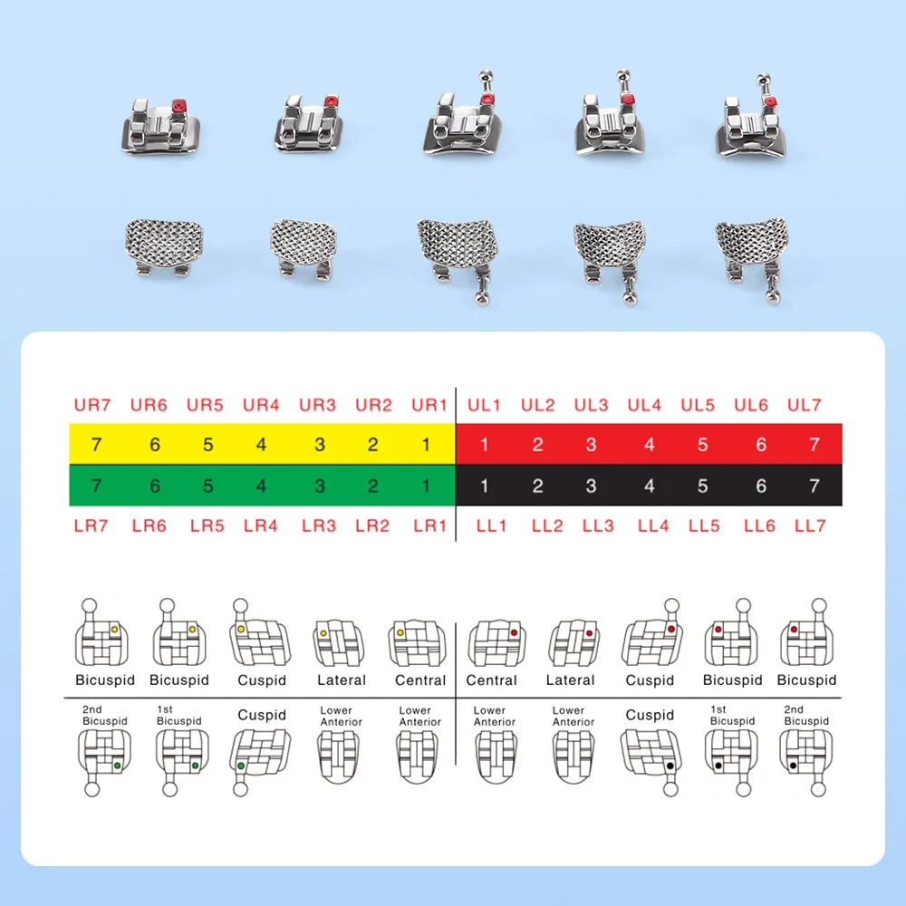 10 paczek = 200 sztuk Azdent wsporniki dentystyczne aparat ortodontyczny metalowy standard Mini Roth/MBT 022/018 haki 3/345 siatkowa podstawa