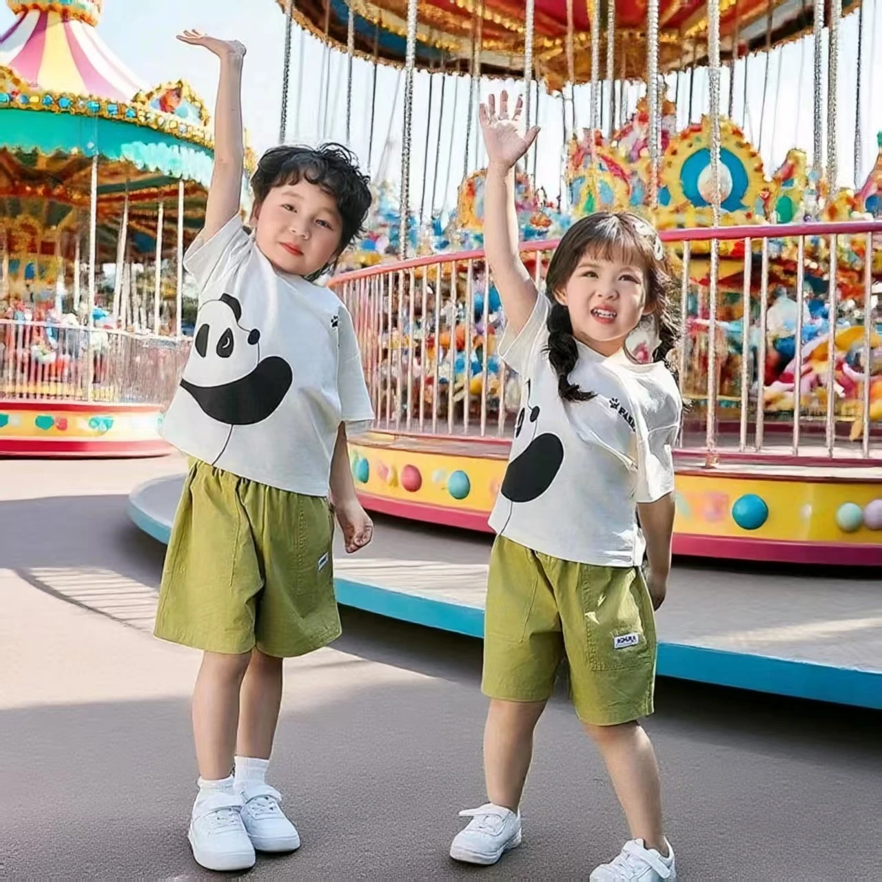 Funny Family Matching Outfits Parents and Children Clothes Korean Dad Mom and Son Daughter Panda T Shirts Shorts Two Piece Sets