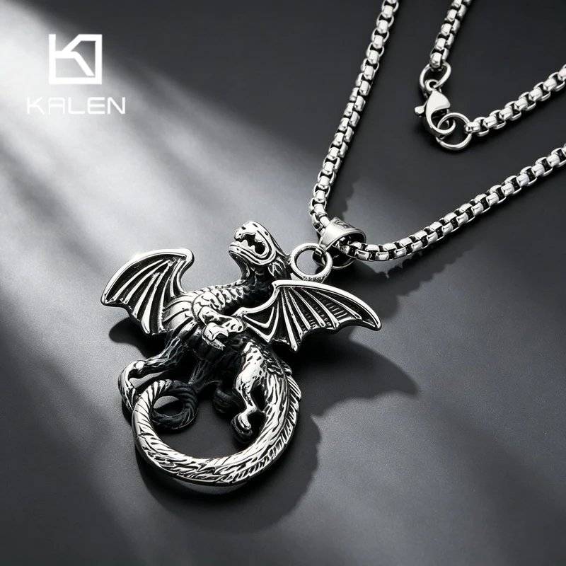 KALEN Vintage Engraved Dragon Charm Necklace Stainless Steel Mythical Creature Pendant Punk Rock Jewelry Men Women Fashion Gift
