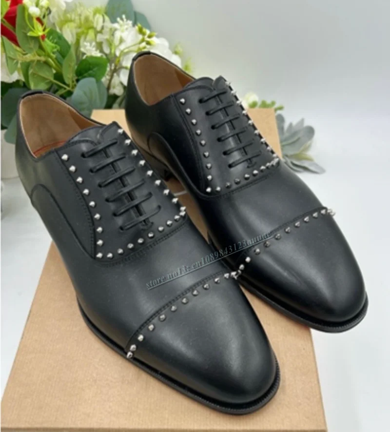 

Fashion Men Rivet Design Black Genuine Leather Formal Party Wedding Shoes Male Slip On Round Toe Spring Autumn Single Shoes