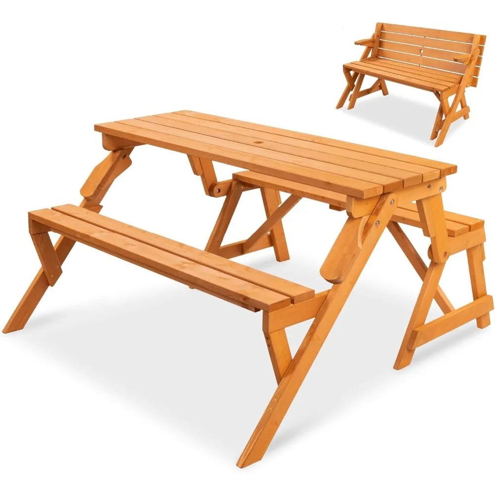 2-in-1 Transforming Interchangeable Outdoor Wooden Picnic Table Garden Bench for Backyard, Patio, Deck w/Umbrella Hole