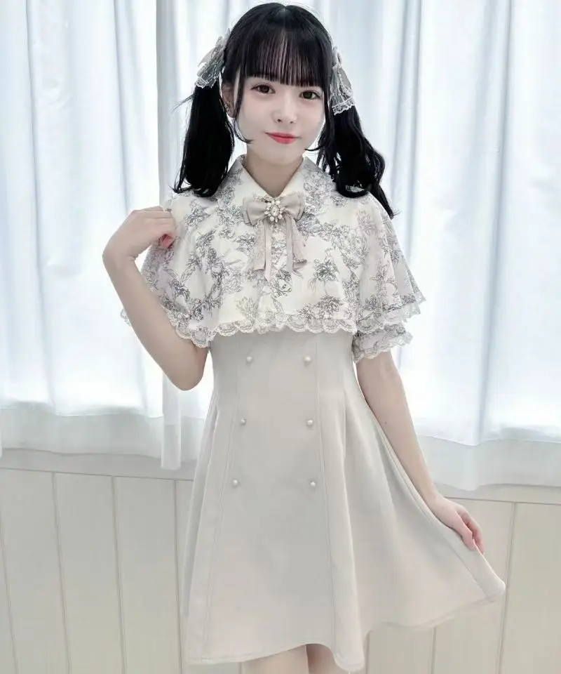 Japanese Style 2024 New Summer Printed Removable Shawl Short Sleeve Dresslolita Mine Mass-Produced Rojita Bow Lace Cloak Dress